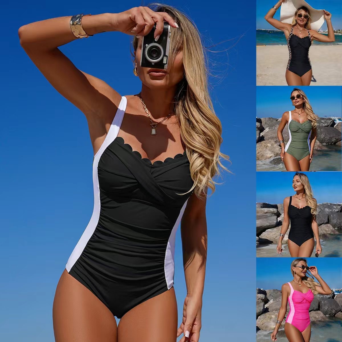 Black Swimsuit Scalloped Neckl - огляд і ціна Swimsuit Bikini Ruched